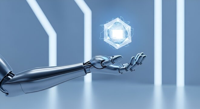 Robotic arm holding floating cube with technological core in futuristic setting