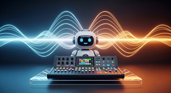 Robotic audio engineer crafting futuristic sounds with advanced mixing console tech