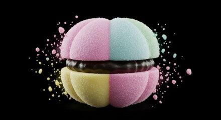 Whimsical confection with pastel hues and a chocolate center against a dark backdrop