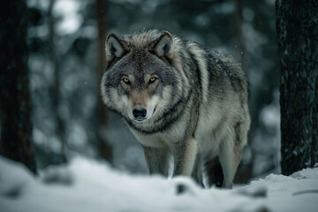 Fototapeta premium Lone wolf stands in snowy forest, its fur thick and eyes piercing, creating gritty and realistic scene. atmosphere is tense and captivating