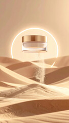 Floating skincare jar anti gravity sand soft halo light minimal design gold lid glass container clean beauty desert dune warm glow product mockup with calm vibe