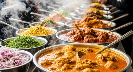 Indian food buffet dishes curry chicken vegetables restaurant catering stai