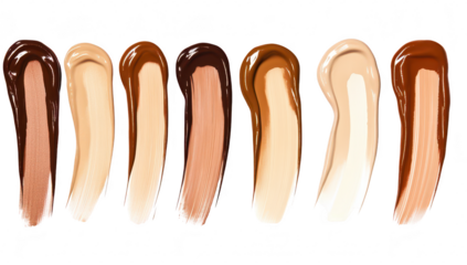 A variety of skin tone foundation swatches displayed in a smooth. artistic manner on a white background. diversity in makeup options for different skin types and tones