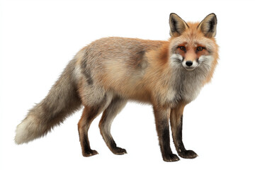 Fototapeta premium Realistic photograph of wild fox standing on white background, showcasing its vibrant fur and alert expression. fox bushy tail and sharp eyes are prominent