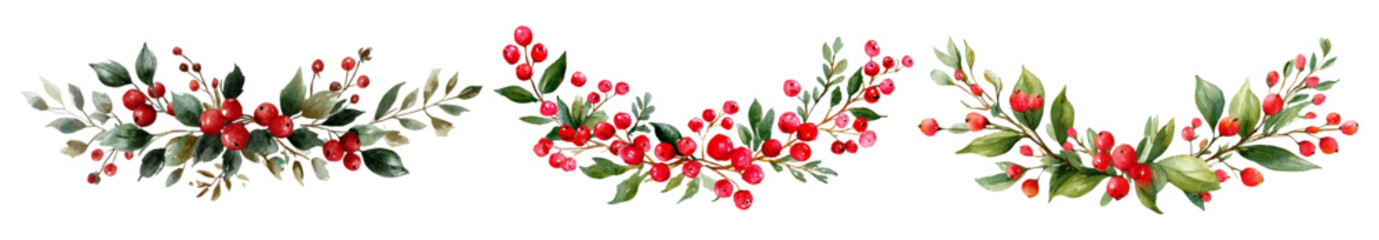Watercolor garlands of holly branches. Christmas frames and borders. Christmas natural elements for cards, banners, etc. Merry Christmas and New Year. © Narin