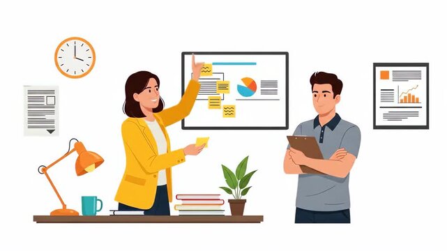 Flat vector of business team working on project plan with sticky notes isolated on white background brainstorming concept business