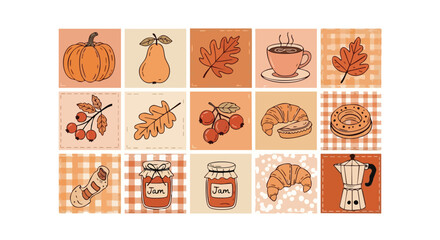 Cozy autumn harvest icons including pumpkin, pear, leaves, coffee, berries, croissants, jam jars, and moka pot for seasonal designs
