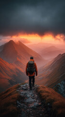 Fototapeta premium Hiking along a mountain path at sunset with dramatic clouds and vibrant colors in the sky