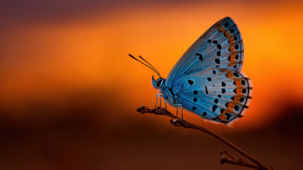 Obraz premium Beautiful butterfly rests on a twig during sunset revealing its vibrant blue wings