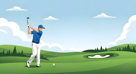 Golfer performing a powerful swing on a lush green golf course.