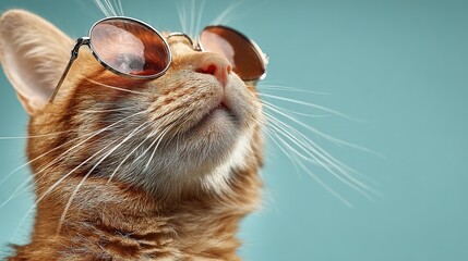 ginger. Playful ginger cat wearing sunglasses, showcasing detailed fur under soft directional lighting. wildlife magazines, conservation campaigns, designed for nature documentaries and education.