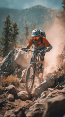 Naklejka premium Mountain biker navigating rocky terrain on a sunny day in the mountains