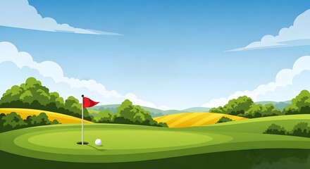 Golf putting green with flag, ball, and scenic landscape.