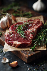 Fresh cut ribeye steak ready for cooking with herbs and garlic on wooden board at kitchen countertop