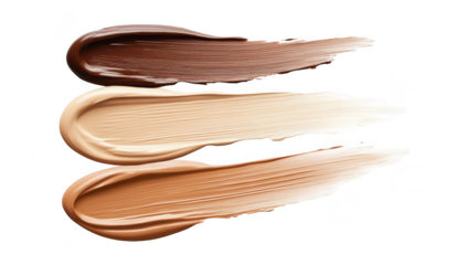 A close-up view of three swatches of foundation makeup in varying shades. artistically smeared across a clean white background. color diversity for beauty applications