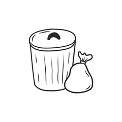 Hand Drawn Trash Can with Garbage Bag Black and White Outline Vector