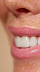 Obraz premium Smile showcasing bright teeth and smooth lips captured in a close-up view in a well-lit environment