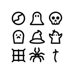 Halloween Icon Set: A minimalistic array of spooky Halloween icons, each meticulously crafted with bold lines and a playful essence, perfect for the upcoming holiday season. 
