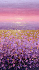 Obraz premium Sunset over a lavender field with golden highlights reflecting on calm water during a serene evening