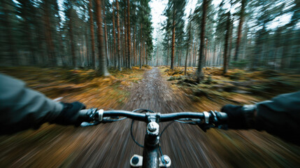 Mountain biking through a forest trail with a blurred view of trees and ground on a cloudy day