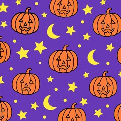 Halloween Pumpkin Seamless Pattern with Blue Background, Spooky Holiday Design with Stars and Moon