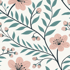 Blooming Pattern: A delightful seamless pattern of soft pink blossoms, green leaves, and delicate branches creates a calming design, embodying the essence of spring.