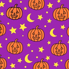 Halloween Pumpkin Seamless Pattern with Purple Background, Spooky Holiday Design with Stars and Moon