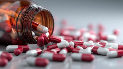 Brown glass bottle with red and white capsules spilling onto a surface, symbolizing medicine, healthcare, and pharmaceutical treatment - Powered by Adobe