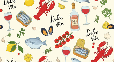 Savor the taste of summer with fresh seafood, ripe tomatoes, lemons, and fine wine, evoking a vibrant Italian coastal dining experience.