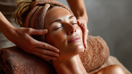 Relaxation and serenity during a facial treatment at a wellness spa in a tranquil setting in the early afternoon