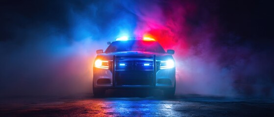 The Police Car Facing Camera with Flashing Red and Blue Emergency Lights in Fog