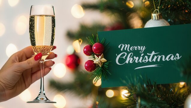 A hand holding a champagne flute in front of a Christmas tree with decorations and a greeting sign. Perfect for holiday celebrations and festivities. - Powered by Adobe