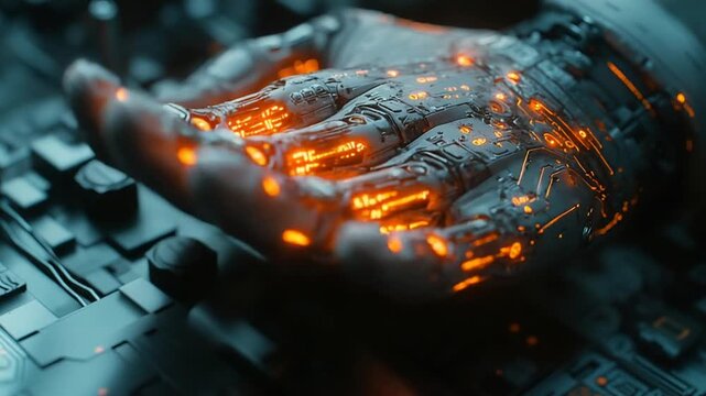 Advanced Cybernetic Hand with Glowing Internal Circuitry.