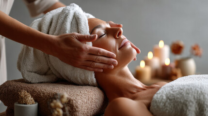 Relaxing spa treatment with gentle face massage and soothing atmosphere in a wellness center at evening time