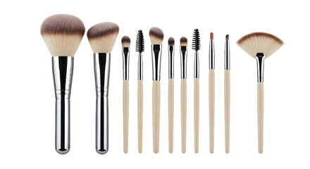 Comprehensive makeup brush set featuring various professional cosmetic tools for application, isolated against a clean plain white background