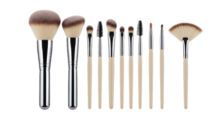 Comprehensive makeup brush set featuring various professional cosmetic tools for application, isolated against a clean plain white background