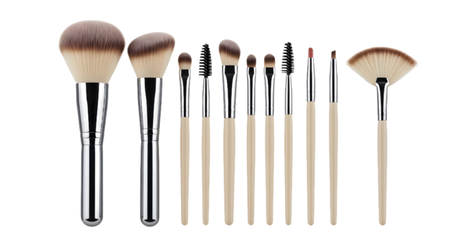 Comprehensive makeup brush set featuring various professional cosmetic tools for application, isolated against a clean plain white background