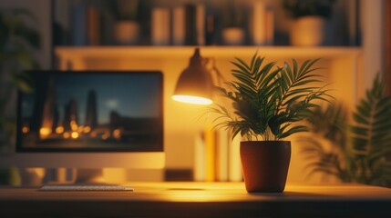 Cozy workspace with a plant and computer