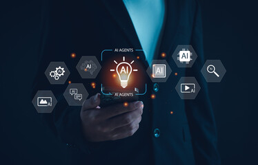 Innovative AI agents concept with digital icons of artificial intelligence, automation, machine learning, and technology integration for business and future solutions.