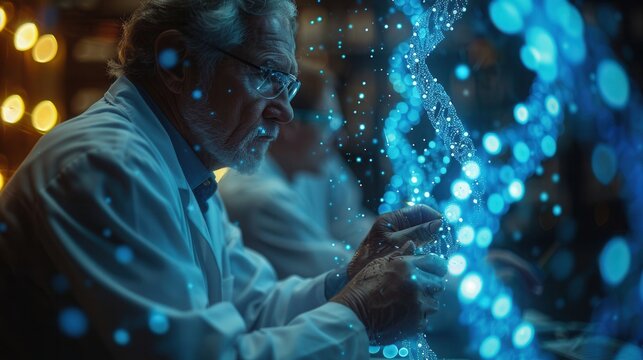 Scientist examining a DNA strand in a laboratory setting