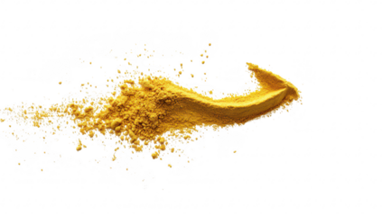 A swirl of yellow powder gracefully disperses across a white background. its fine texture and vivid color. ideal for culinary. artistic. or design applications