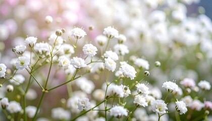 Delicate white baby's breath flowers bloom against a soft, bright, blurred background