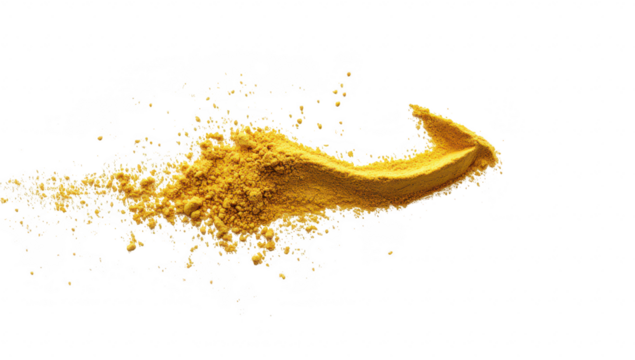 A swirl of yellow powder gracefully disperses across a white background. its fine texture and vivid color. ideal for culinary. artistic. or design applications