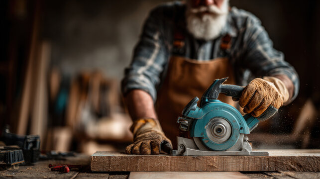 Woodworker using a circular saw to cut wood in a workshop during daylight with various tools and materials visible - Powered by Adobe
