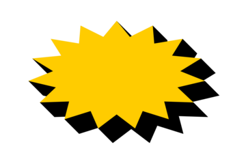 Yellow starburst shape with bold black shadow effect for sale tags, discount badges, promotional highlights, and posters on transparent background