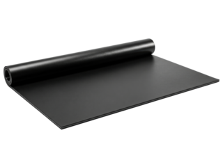 Black exercise mat partially unrolled for a home gym workout on a transparent background