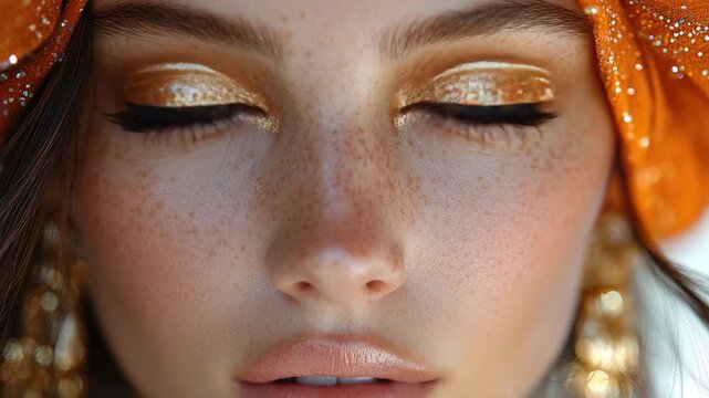 Close-up shot of a woman's face with noticeable freckles