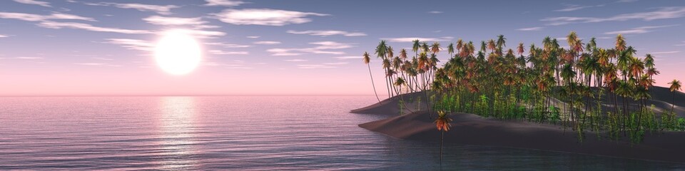 Beautiful beach with palm trees at sunset, panorama of a tropical landscape, sea sunset,
3d rendering