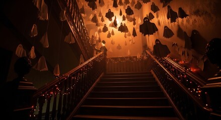 A stairway festooned with hanging ghosts and fairy lights bathed in a dim eerie glow