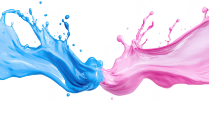 A splash of blue and pink paint colliding in mid-air. creating a dynamic and colorful visual effect against a clean white background. ideal for artistic or creative projects